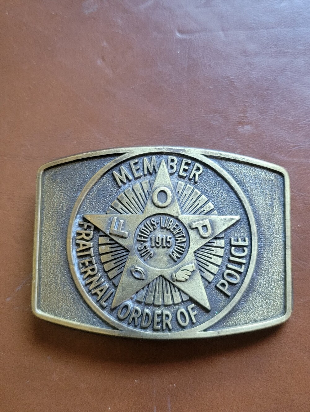 Vintage FOP Fraternal Order of Police Member Brass Belt Buckle 1915 Star JJ Mark